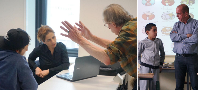 Les over kinderarbeid voor het hoger beroepsonderwijs respectievelijk les over vluchtelingen voor groep 8 van een Leidse basisschool Foto's van een les over kinderarbeid respectievelijk vluchtelingen, voor hoger beroepsonderwijs respectievelijk basisschool