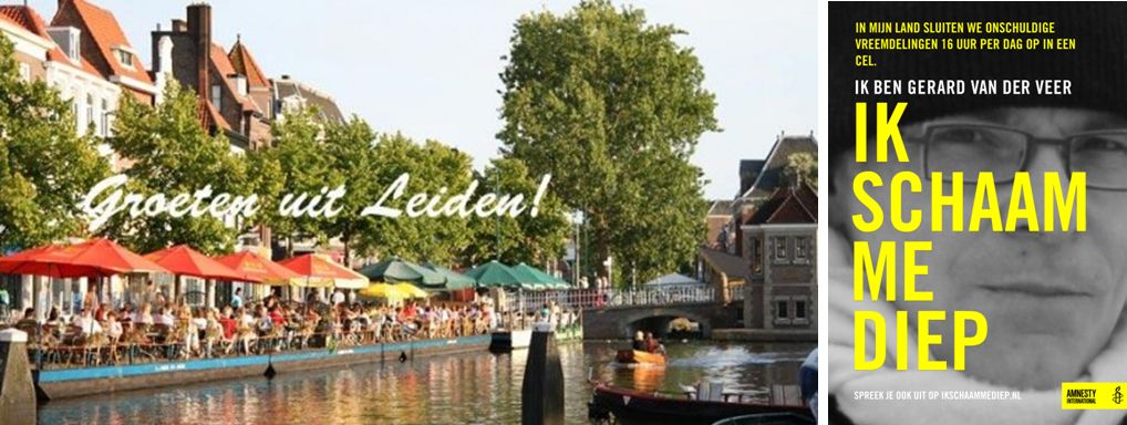 Collagefoto van (a) 'Groeten uit Leiden!'-toeristische ansichtkaart en (b) 'Ik schaam me diep'-foto, voorbeeld van een burger die op deze wijze Amnesty's actie ondersteunt