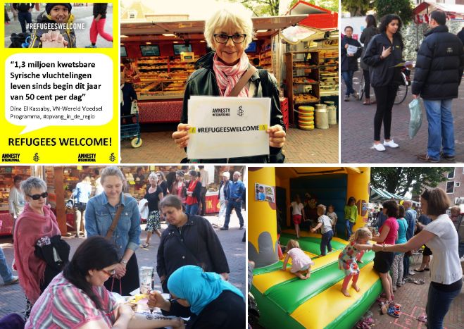Eerste rij: Actie #RefugeesWelcome op het Stadhuisplein, september 2015. Tweede rij: Syrië-actie 31 mei 2014 op de zaterdagmarkt en in Leidse winkels