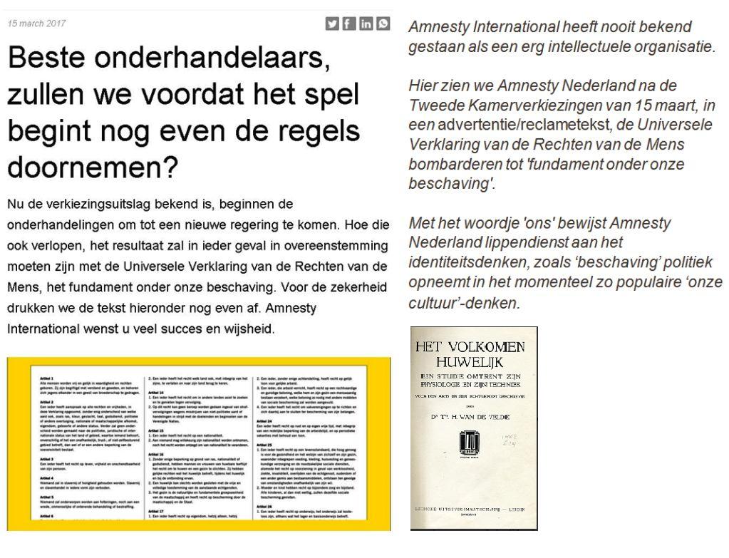 Printscreen van een advertentie van Amnesty Nederland na de Tweede Kamer-verkiezingen van 15 maart 2017, met rechts commentaar op die advertentie