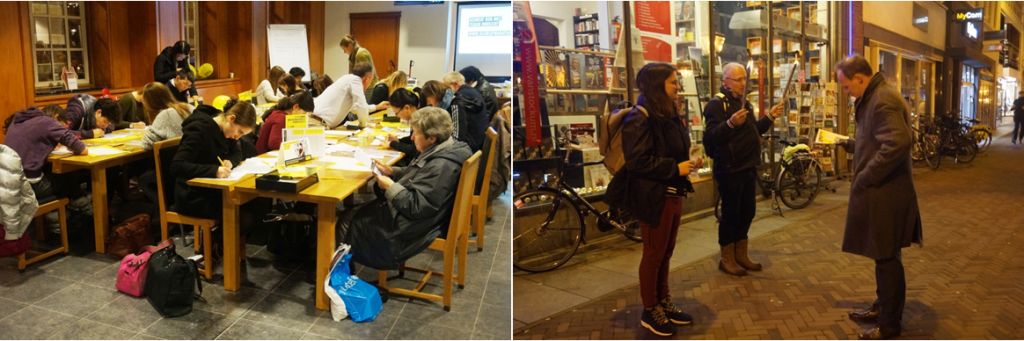 Twee beelden van de Schrijfmarathon 2015: eerst overzicht van een volle tafel schrijvende mensen, daarna twee Amnestyvrijwilligers die in het donker in de Breestraat werven