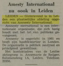 Leidsche Courant van 9 november 1971: oprichting eerste Amnesty-(studenten)groep in Leiden