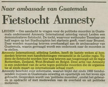Leids Dagblad van 30 juni 1983: Amnesty Leiden organiseert fietstocht naar de ambassade van Guatemala in Brussel