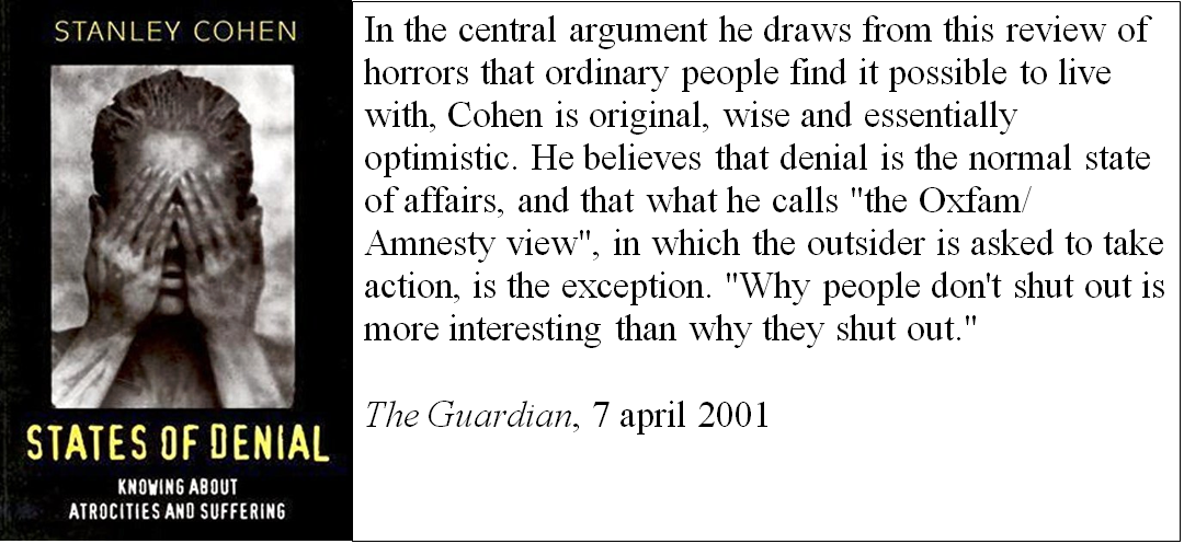 Omslag van 'States of Denial' van Stanley Cohen, gevolgd door quote uit de recensie van de Guardian.
