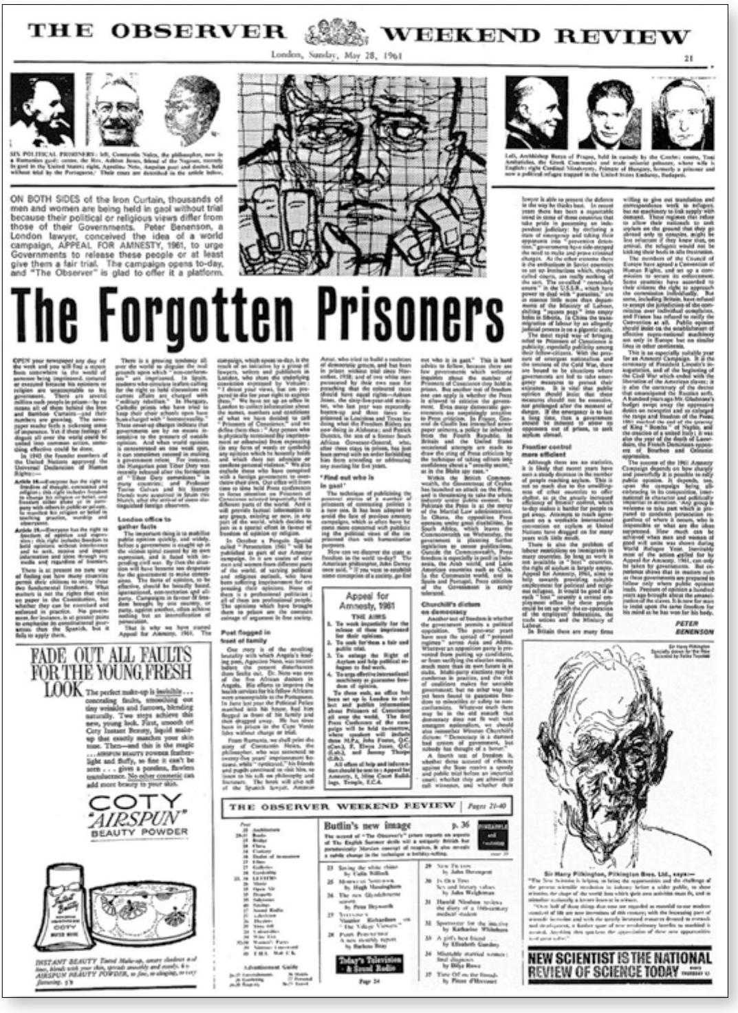 'The Forgotten Prisoners': facsimile van het artikel van Benenson in de Observer van 28 mei 1961
