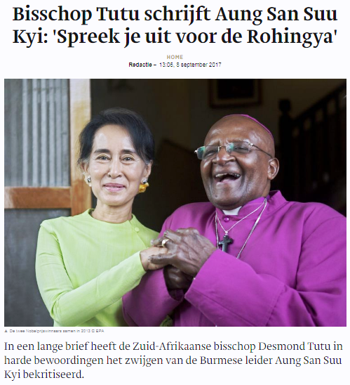 Foto van nieuwsbericht september 2017: Nobelprijswinnaar voor de Vrede Desmond Tutu roept collegaprijswinnaar Aung San Suu Kyi op zich uit te spreken voor de op Myanmar vervolgde Rohingya