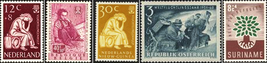 Postzegels van het Koninkrijk der Nederlanden en België met een opslag ten behoeve van het Wereld Vluchtelingen Jaar 1959-1960
